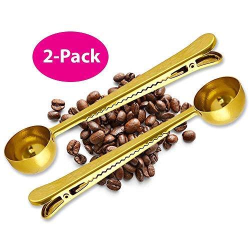 Coffee Scoop Clip - 2 PACK - GOLD - Coffee Spoon Clip - Tea Scoop Bag Clip - Coffee Bag Clip Scooper