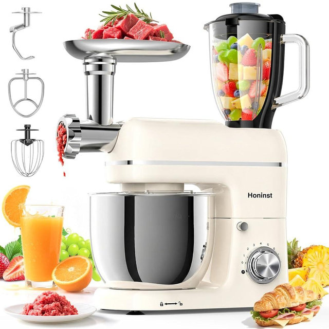 Honinst Stand Mixer, 7-IN-1 6.5QT 660W Multifunctional Electric Kitchen Mixers with Blender, Meat Grinder, Dough Hook, Whisk and Beater, 8-Speed Food Mixer for Baking, Cooking, Food Processing, Beige