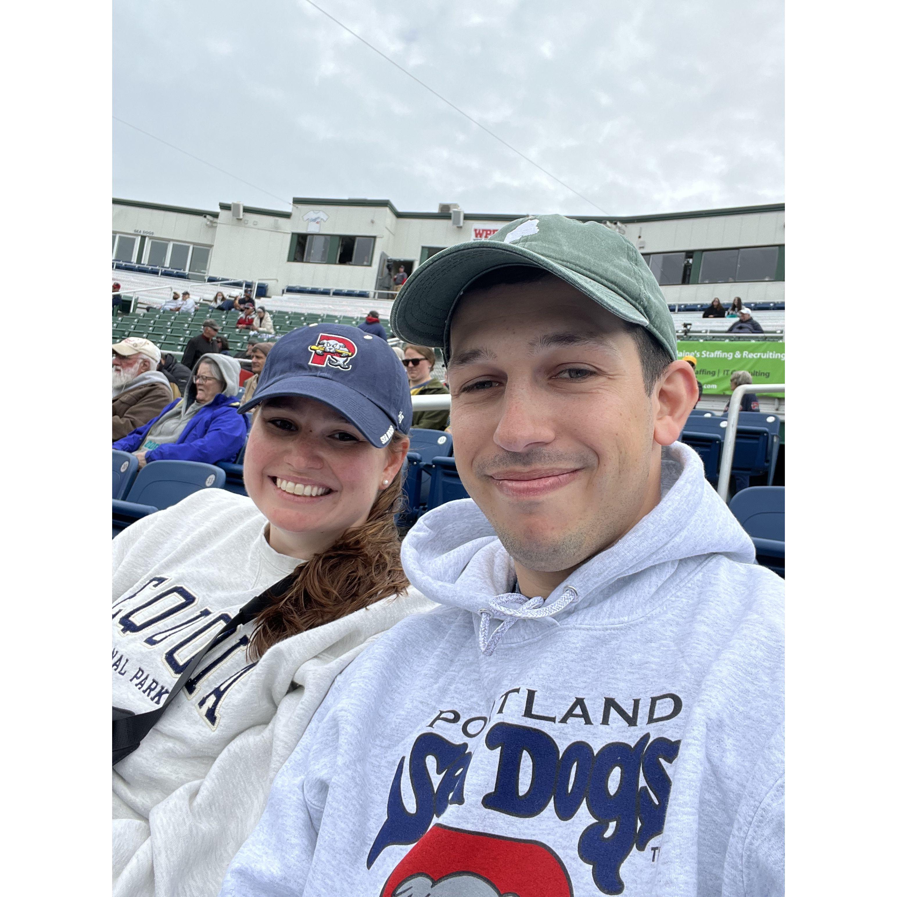 Sitting behind home plate at a Portland Sea Dogs game during a doubleheader. (Most people left after Game 1.)