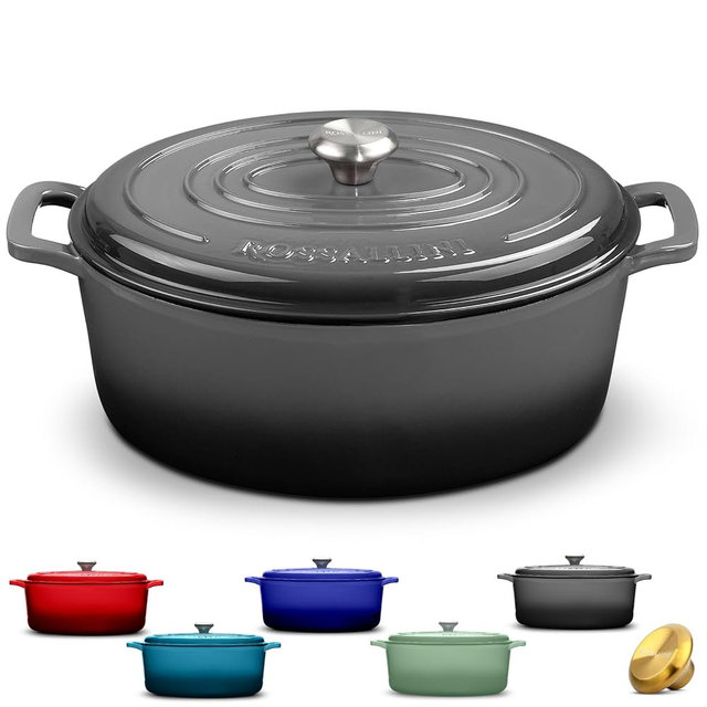 ROSSALLINI Signature Enameled Cast Iron Oval Dutch Oven | Non-Stick Serving Pot with Tight Fitting Lid for Perfect Roasting, Baking, Sauteing, and Bread Making | 8Q [Oyster Grey]