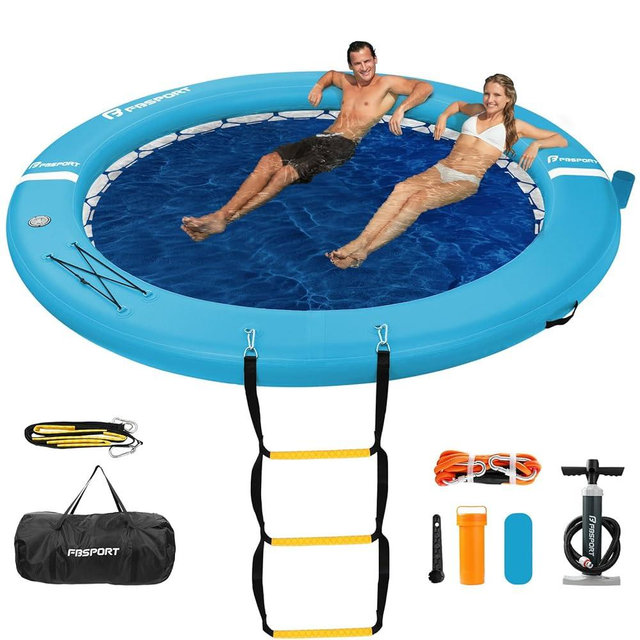 FBSPORT Inflatable Water Hammock Round Floating Ring, Inflatable Dock Floating Platform for Lake W/Cupholder, Sun Chill Float Ring Tanning Pool Float Raft Lounger Island Platform Pad