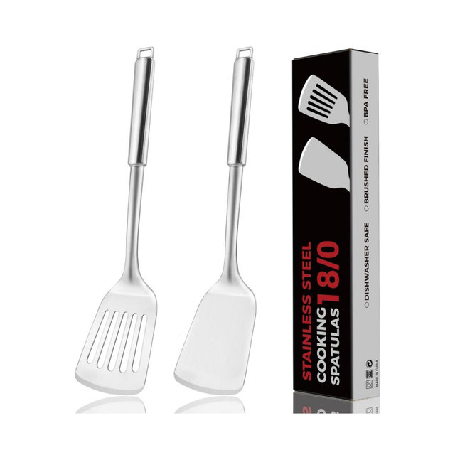 14.5-in Stainless Steel Spatula Set, 18/0 SS Heavy Duty Turner & Slotted Spatula for Kitchen Use, Cast Iron Grilling Frying, Pack of 2