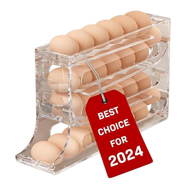 4-Tier Egg Holder for Fridge, Transparent Rolling Egg Dispenser, Space-Saving Egg Organizer for Refrigerator, BPA-Free, Holds 23-30 Eggs, Gravity-Fed Design