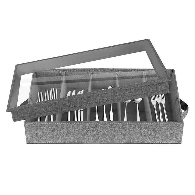 Flatware & Utensil Storage - Durable Silverware Storage Box with Padded Dividers, 5 Compartment Flatware Storage Case, Silverware Case with Handles and Removable Clear Lid - Organizes Cutlery