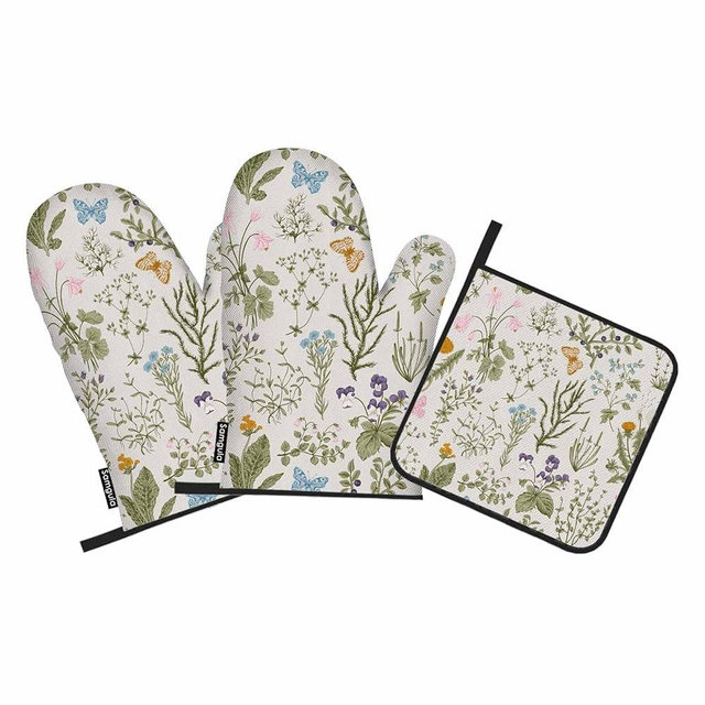 Samgula Floral Plant Oven Mitts and Pot Holders Sets Wild Flowers Herbs Heat Resistant 3pcs for Cooking Baking BBQ