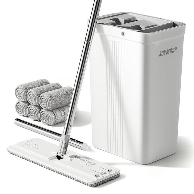 JOYMOOP Mop and Bucket with Wringer Set for Home, White Flat Squeeze Mop Bucket Set for Floor Cleaning, Hands Free Wet Dry Mop for Walls, 60" Mop with 6 Reusbale Microfiber Pads