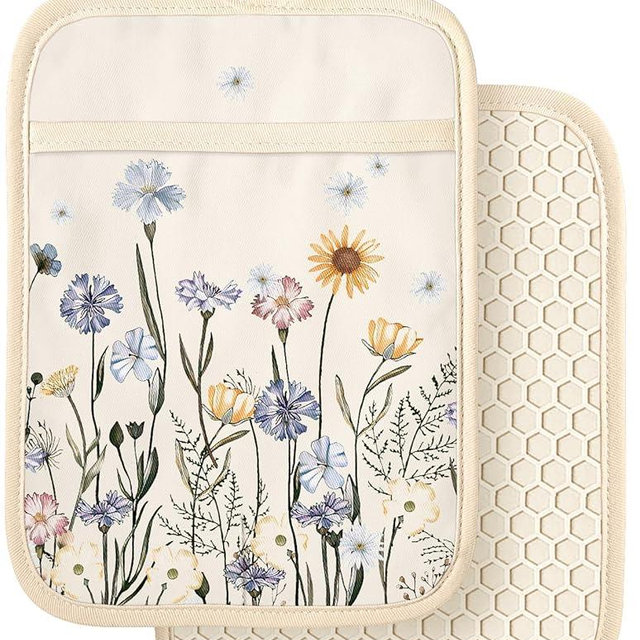 Slohif Silcone Flower Pot Holders for Kitchen - 100% Cotton Beige Oven Potholders with Pockets, Heat Resistant Square Thick Hot Pads, House New Home Baking Baker Gifts,2pack