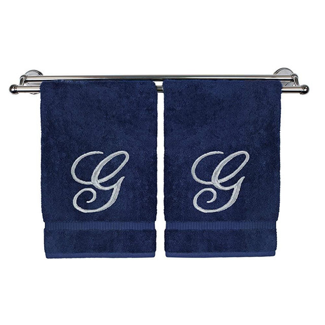 Monogrammed Hand Towel, Personalized Gift, 16 x 30 Inches - Set of 2 - Silver Embroidered Towel - Extra Absorbent 100% Turkish Cotton- Soft Terry Finish - for Bathroom, Kitchen and Spa- Script G Navy
