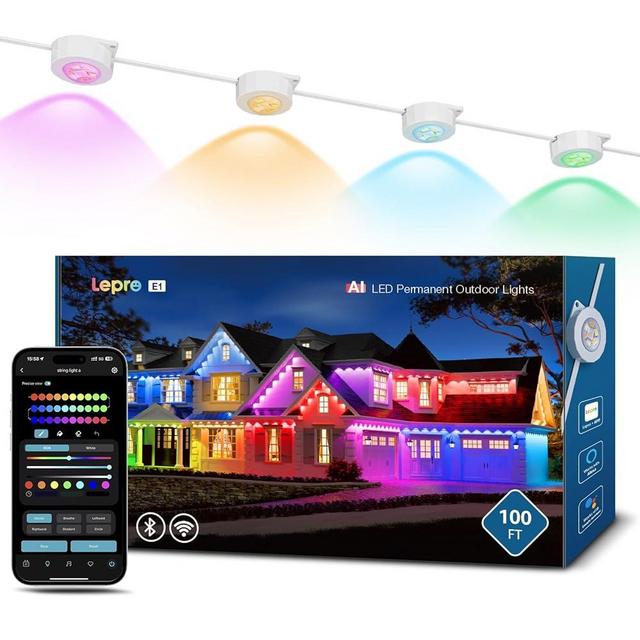Lepro E1 AI Permanent Outdoor Lights APP Control, 100ft Smart RGB+IC Christmas House Lights with 60 Warm/Cool White LED Pucks, Alexa Google Enabled, AI Generated Lighting LLM, NO Remote, 2.4 GHz WiFi