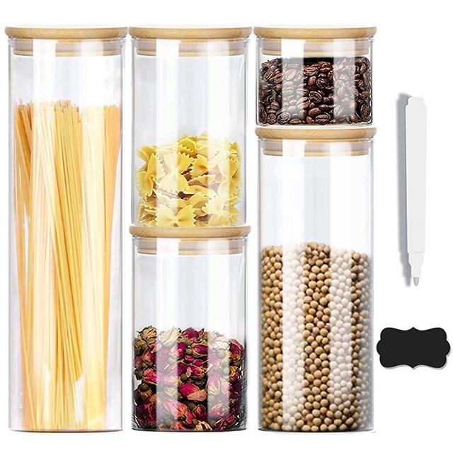 Luvan Set of 5 Glass Canister Set, Airtight Glass Jars with Bamboo Lids for Kitchen Pantry Organization and Storage, Suit for Candy, Cookie, Snack,Noodles ,Cereal,Coffee, Labels and Pen Included