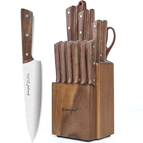 Emojoy Knife Set，15-piece Knife Set with Block，Knives Set for Kitchen，German Stainless Steel Knife Set with Sharpener,Steak Knives for Chef Knife Set with Wooden Handle