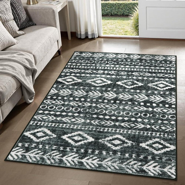 Lahome Moroccan 3x5 Kitchen Rugs Non Slip Washable, Black and White Boho Rug Low-Pile Soft Office Area Rugs, Rustic Tribal Print Modern Indoor Entry Rug Floor Carpet for Entryway Laundry Room Varena