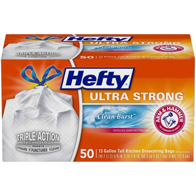 Hefty Ultra Strong Tall Kitchen Drawstring Trash Bags - Clean Burst Scent - 13 Gallon - 50ct