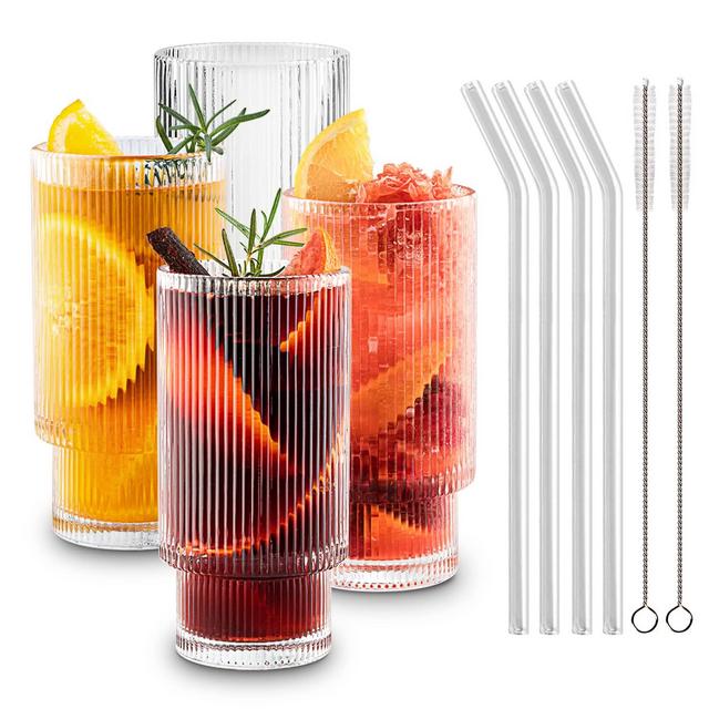Gracenal Ribbed Glass Cups with Straws 12oz, Drinking Glasses Set of 4, Ribbed Glassware, Cocktail Glasses, Vintage Glassware, Whiskey Glasses, Coffee Bar Accessories, Iced Coffee Cups for Cute Gifts