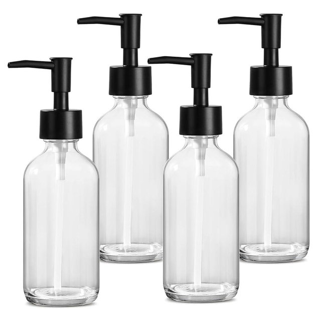 RYTOXILO 8oz Clear Soap Dispenser 4 Pack, Clear Glass Bottle with Pump, Refillable Round Hand Soap Dispensers Bathroom for Soap, Lotion, Oil, Shampoo