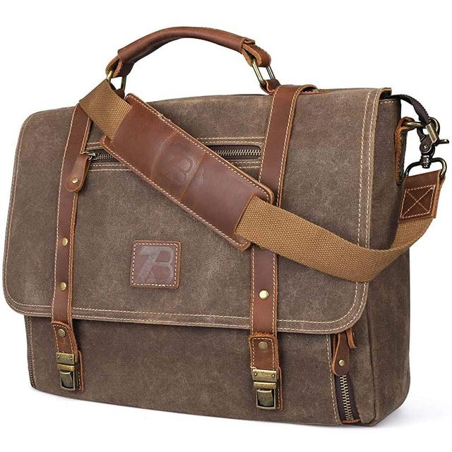 Manificent Laptop Messenger bag for Mens 15.6 Inch, Waterproof Vintage Genuine Leather Mens Briefcase shoulder bag 16 Storage Pockets, Waxed Canvas Leather Computer Business Satchel Work Bag (Brown)