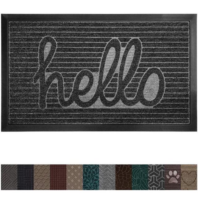 Gorilla Grip Original Durable Rubber Door Mat, 29x17, Heavy Duty Doormat, Indoor Outdoor, Waterproof, Easy Clean, Low-Profile Mats for Winter Snow, Entry, Patio, High Traffic Areas, Charcoal Hello
