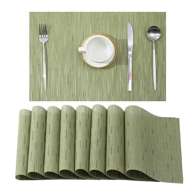 Leetaltree Pea Green Placemats Set of 8 - Heat Resistant Non-Slip Place mats for Dining Table, Washable Durable PVC Vinyl Woven Table Mats（Pea Green, 8）