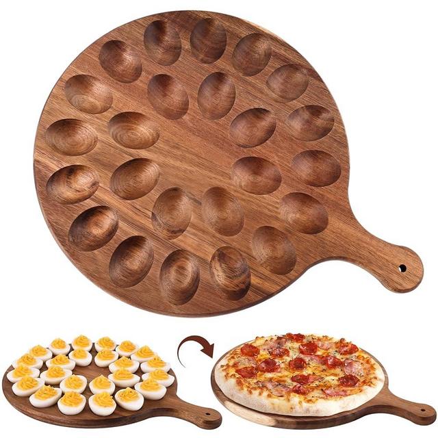 HANSGO Deviled Egg Platter, Wooden Deviled Egg Tray 24 Holes Round Egg Holder Charcuterie Board Easter Deviled Egg Carrier for Kitchen Countertops