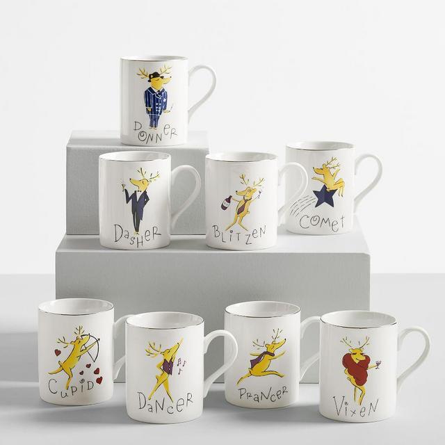 Santa's Reindeer Porcelain Mugs, Set of 8