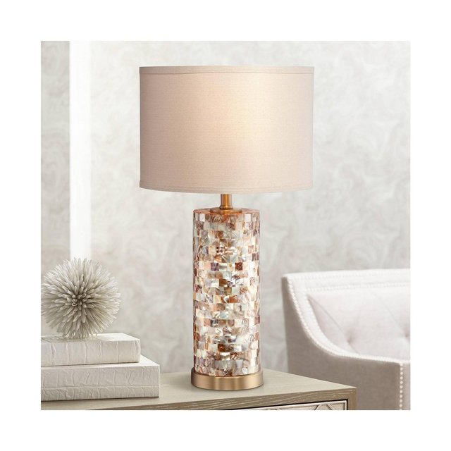 360 Lighting Margaret Coastal Accent Table Lamp 23" High Mother of Pearl Tile Cylinder Cream Linen Drum Shade for Bedroom Living Room Bedside Office