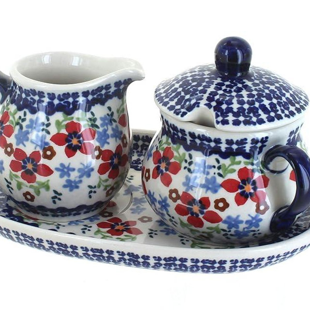 Blue Rose Polish Pottery Red Poppy Sugar & Creamer with Tray