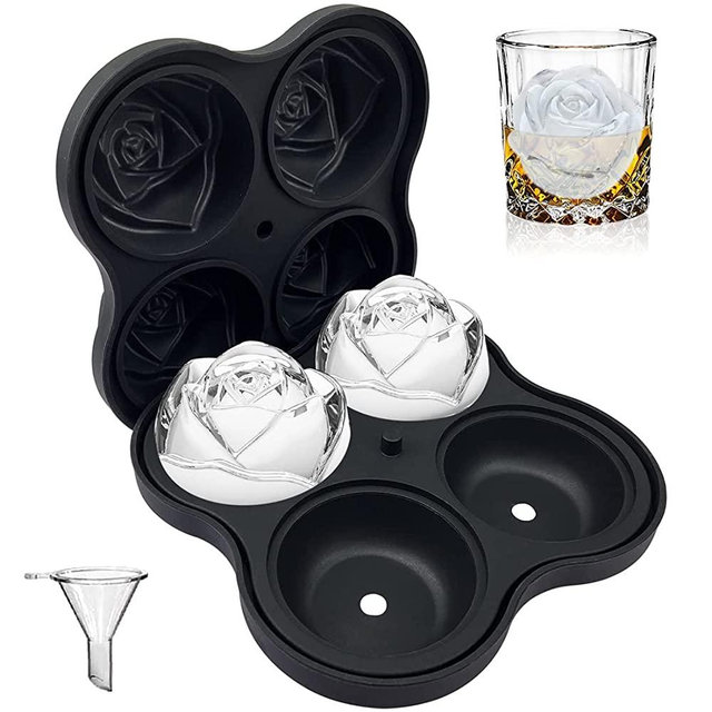 Ice Cube Tray, CAMKYDE 2.5 Inch Rose Ice Cube Trays, 4 Cavity Silicone Rose Ice Ball Maker Mold, Easy Release Large Ice Cube Mold for Whiskey, Chilling Cocktails, Bourbon, Juice (Black)