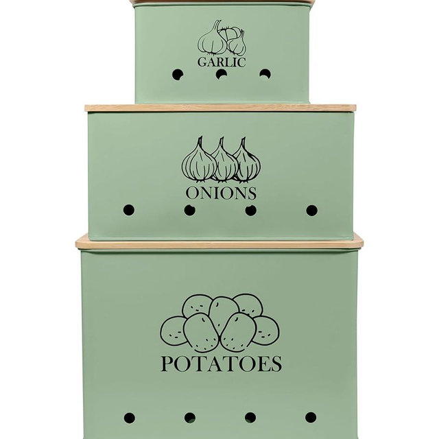 Kitchen Vegetable Storage Tins Set of 3 for Potato Onion & Garlic with Wooden Lid, Kitchen Storage Canisters Set, Long Shelf Life - Green
