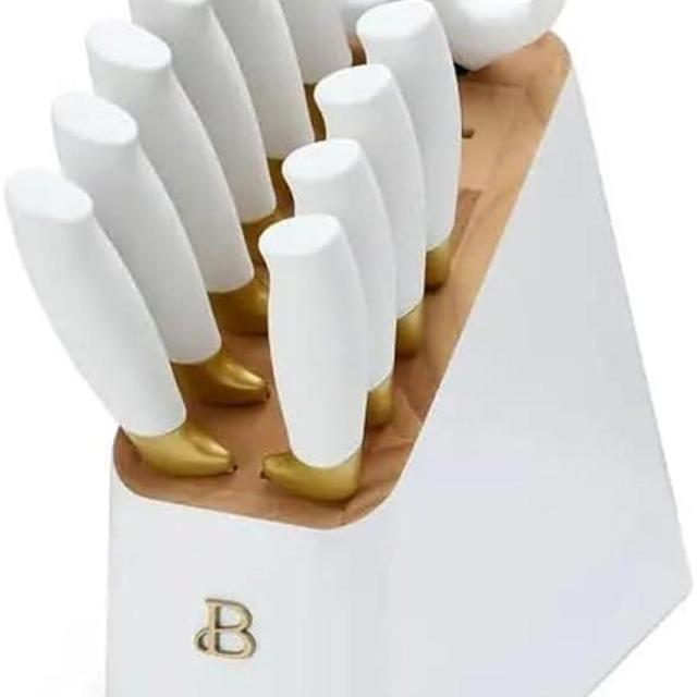 12 Piece Knife Block Set with Soft-Grip Ergonomic Handles White and Gold by Drew Barrymore