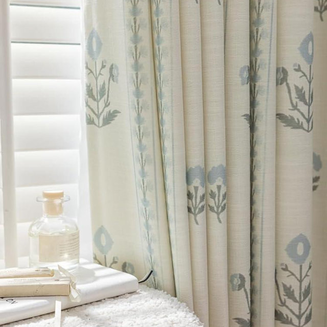 DrapePalette-Linen Blend Pinch Pleated Curtains for Living Room, Bedroom, Dining Room-Light Filtering Curtains 1 Panel - Floral Printed Design - Antique White, 52" W x 96" L
