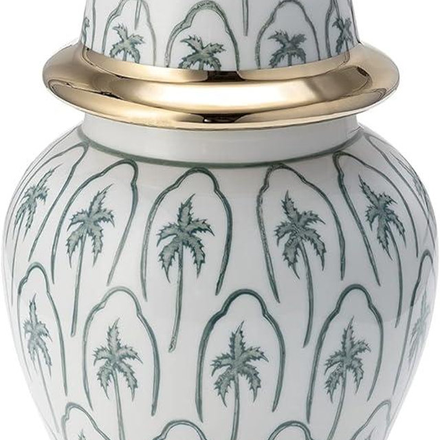Decorative Ginger Jar for Home Decor – Ceramic Temple Jar With Lid, Elegant Tabletop Accent for Living Room or Entry Display, Stylish Traditional Centerpiece Decor – 11", Green & Gold