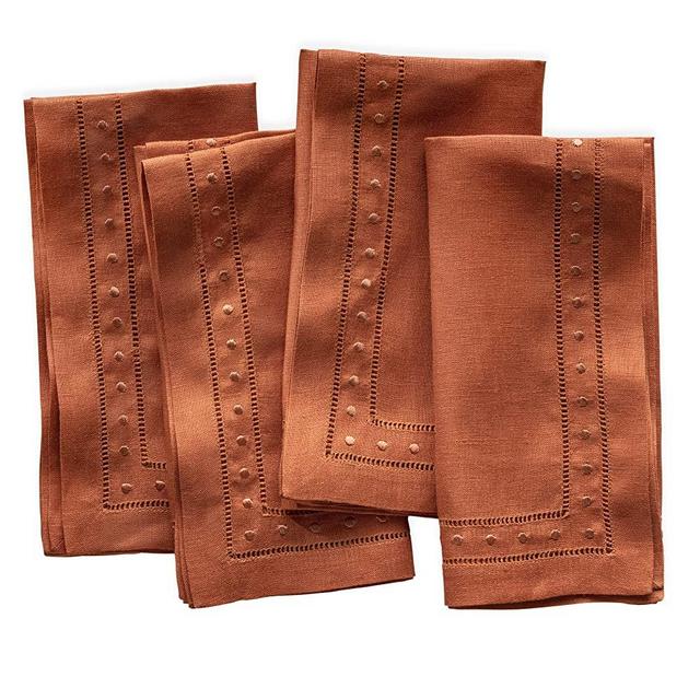 O'lucio Linen Napkins Cloth - Burnt Orange Set of 4 Hemstitched Halloween Dinner Napkins with Embroidered Swiss Dot 18 x 18 inch - Machine Washable, French Flax Natural Fabric