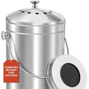 ENLOY Compost Bucket for Kitchen Countertop, 1.3 Gallon Stainless Steel Compost Bin Indoor with Lid, Odorless Food Waste Bucket with Charcoal Filter, Compost Pail for Kitchen with Carrying Handle