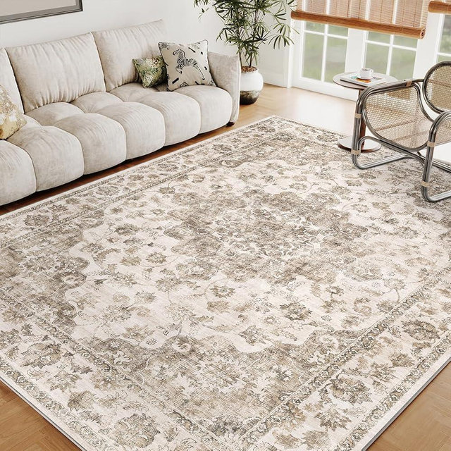 WondRg 5x7 Washable Neutral Area Rug Brown Vintage Living Room Bedroom Carpet Non-Slip Soft Low Pile Farmhouse Indoor Throw Rug for Dining Room Entryway Office