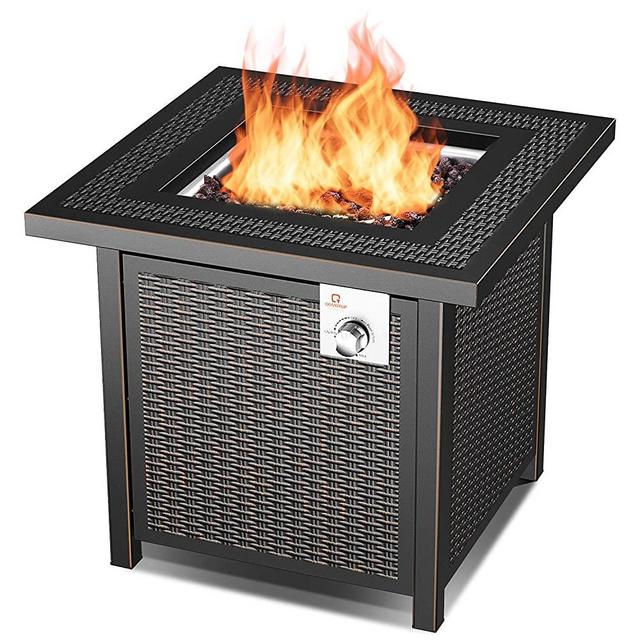 28'' Propane Fire Pit Table, 50,000 BTU, OT QOMOTOP Auto-Ignition Fire Pit, Rattan & Wicker-Look Square Fire Table with Lid, CSA Safety Certification, Adjustable Flame