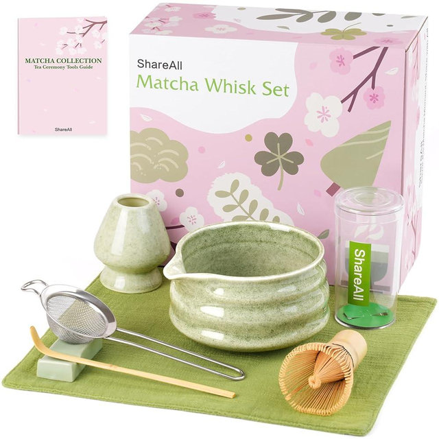 ShareAll Artisan Ceramic Matcha Set, 7Pcs Japanese Matcha Whisk Kit with Speckled Glaze Bowl, Bamboo Chasen & Sifter - Elegant Tea Ceremony Gifts for Women & Men, Premium Home Essentials (Green)