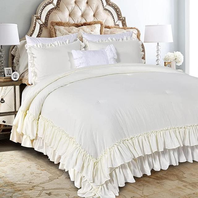 Masaca Ivory Ruffled Comforter Set Queen,Farmhouse Shabby Boho Chic Bedding Aesthetic French Country Style Ruffle Elegant Bed Comforter Lightweight Microfiber Inner Fill Ivory Bedding 3PCS