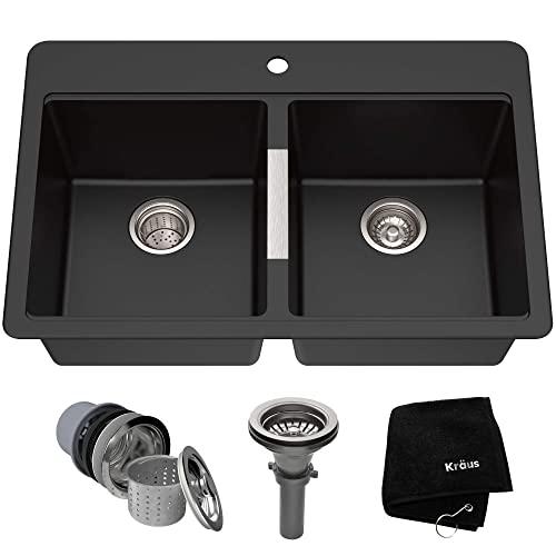 Kraus Quarza Kitchen Sink | 33-Inch Equal Bowls | Black Onyx Granite | KGD-433B model