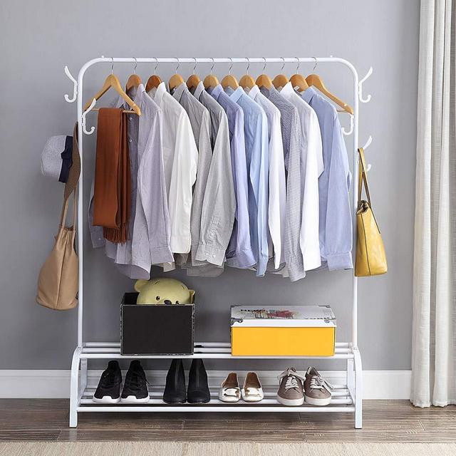 Clothing Garment Rack with Shelves, Metal Cloth Hanger Rack Stand Clothes Drying Rack for Hanging Clothes,with Top Rod Organizer Shirt Towel Rack and Lower Storage Shelf for Boxes Shoes Boots, White