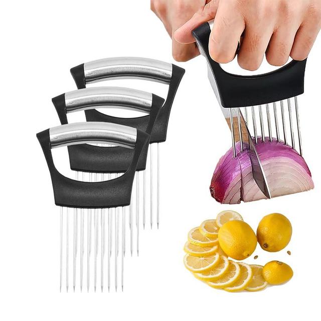 Onion Holder for Slicing, 2024 Upgraded Stainless Steel Lemon Slicer Onion Cutter for Slicing, Vegetable Cutter Kitchen Chopper Slicing Assistant Tool for Potato and Tomato Avocados Eggs Meat (3)