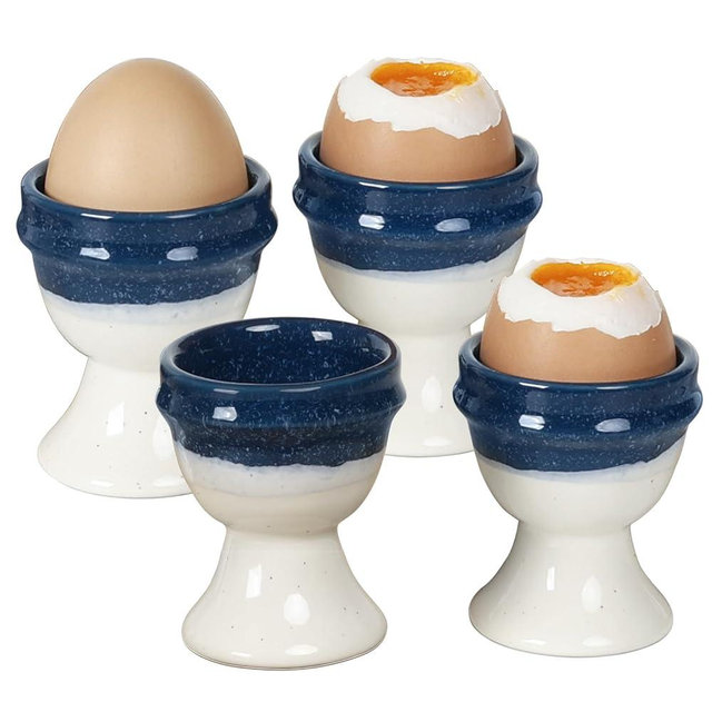 INGOFIN 4 Pcs Ceramic Egg Cups, Egg Holder for Soft and Hard Boiled Eggs, Store and Serve Easter Egg Holder, Tray Kitchen Gadgets Tools, for Home Breakfast & Cafe Decor, Blue&Beige
