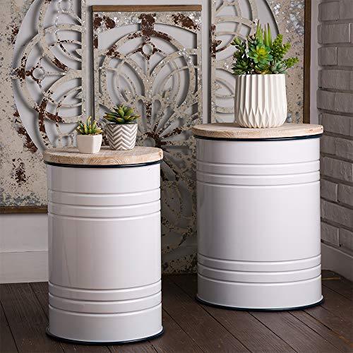 Glitzhome Farmhouse Metal Enamel Storage Stool Ottoman Seat with Round Wood Lid Set of 2