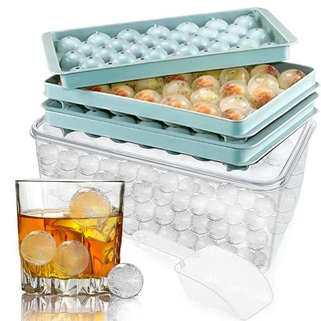 Ice Cube Tray with Lid and Bin, Upgraded Ice Trays for Freezer with Bin | 33x2 Round Ice cube Mold Easy Release | 2 Ice Tray for Chilling Cocktail, Whiskey with 1 Ice Container for Freezer & Scoop