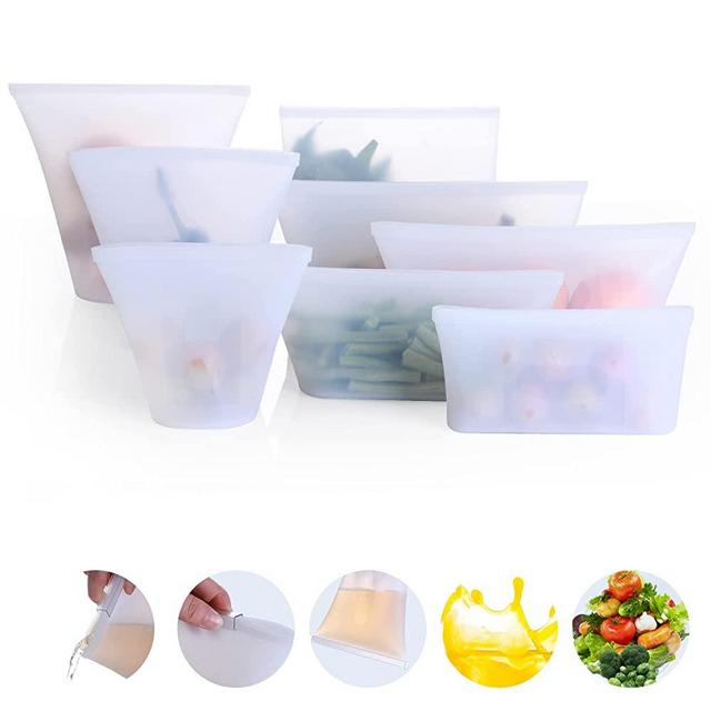 WantJoin 100% Silicone Food Storage Bags 8 Packs of Reusable Food Storage Bags (Upright) Suitable for Storage of Various Foods Freezing, Keeping Fresh, Cooking, Heating (White)