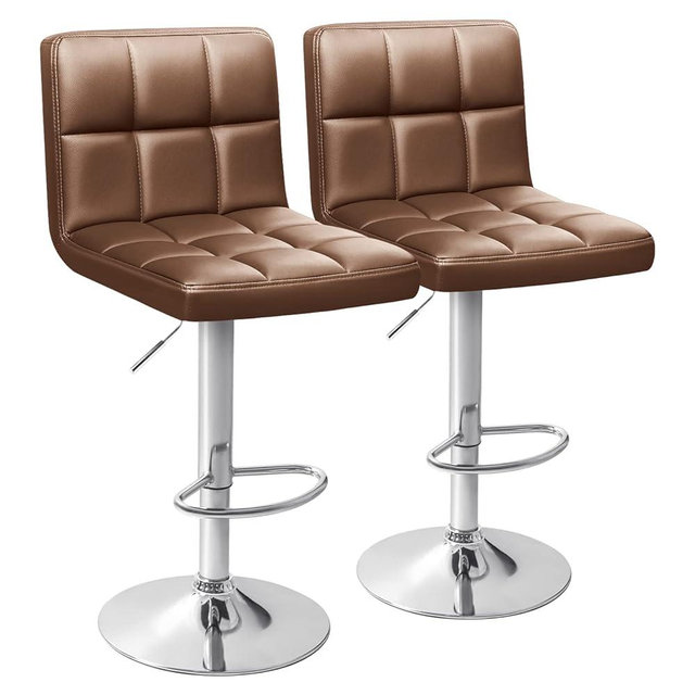 Homall Bar Stools Modern PU Leather Adjustable Swivel Barstools, Armless Hydraulic Kitchen Counter Bar Stool Extra Height Square Island Barstool with Back Set of 2 (Leather, Brown)