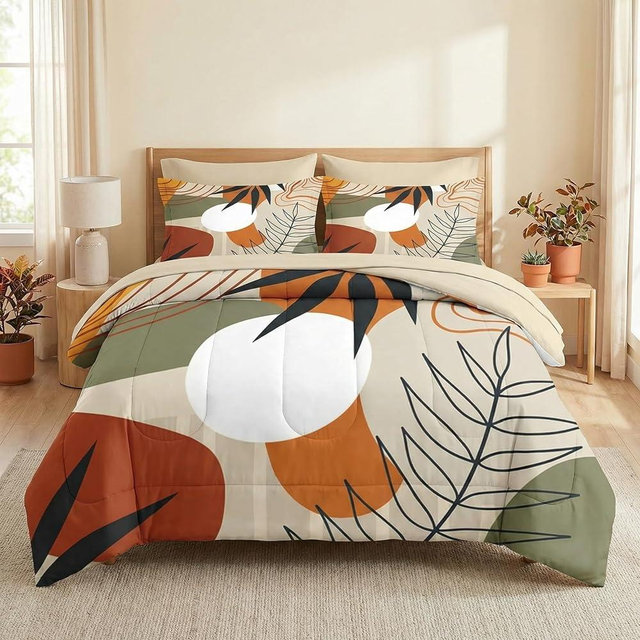 Pamnest Comforter Set Queen Size, Leaves Flower Summer 7 Pcs Bedding for Kids and Adults, Spring Leaf Floral Bed Sheet Sets with Fitted Sheet 2 Pillowcase & 2 Sham for Bedroom Bed Decor