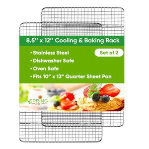 Spring Chef 8.5" x 12" Stainless Steel Cooling Racks, Wire Rack for Baking Sheet - Fits Small Quarter Sheet Pan - Dishwasher Safe - Set of 2