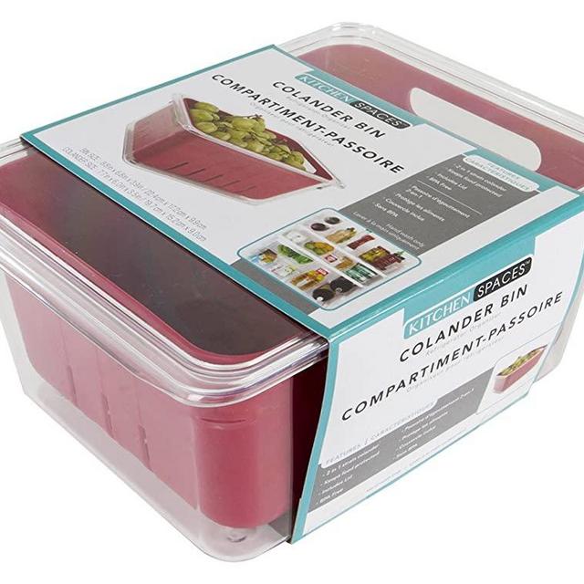 Kitchen Spaces KSCB12-AMZ Colander Bin Stackable Food Storage Organizer for Fridge, Freezer, and Pantry, 8.8" x 6.8" x 3.9", Red & Clear