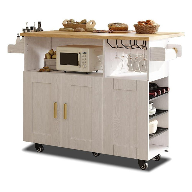 ASTRONAPE Rolling Mobile Kitchen Island Cart Bar, Island Table Storage Cart with Thick Desktop Drop Leaf Countertop and Wheels, Rolling Kitchen Cabinet with Power Socket and Towel Rack, White