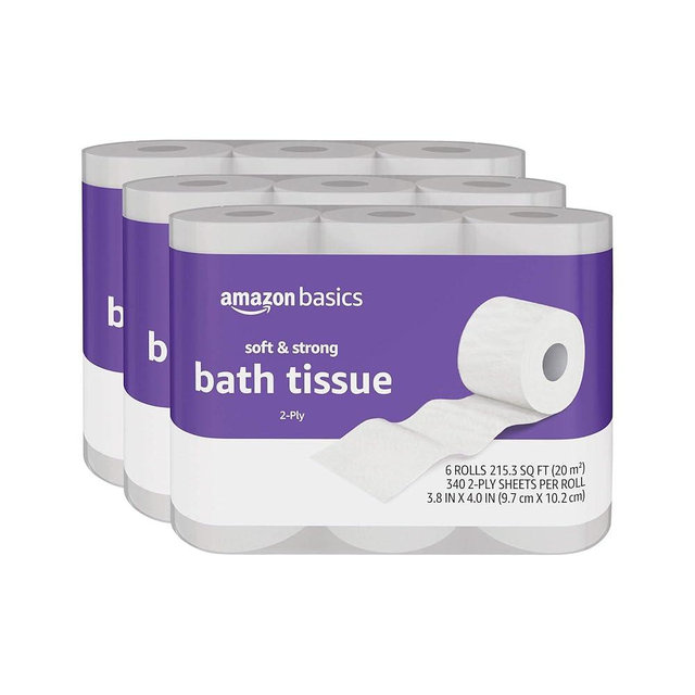 Amazon Basics Soft and Strong 2-Ply Toilet Paper, 18 Ultra Rolls = 72 Regular Rolls, Unscented, 340 Sheet (3 Packs of 6)